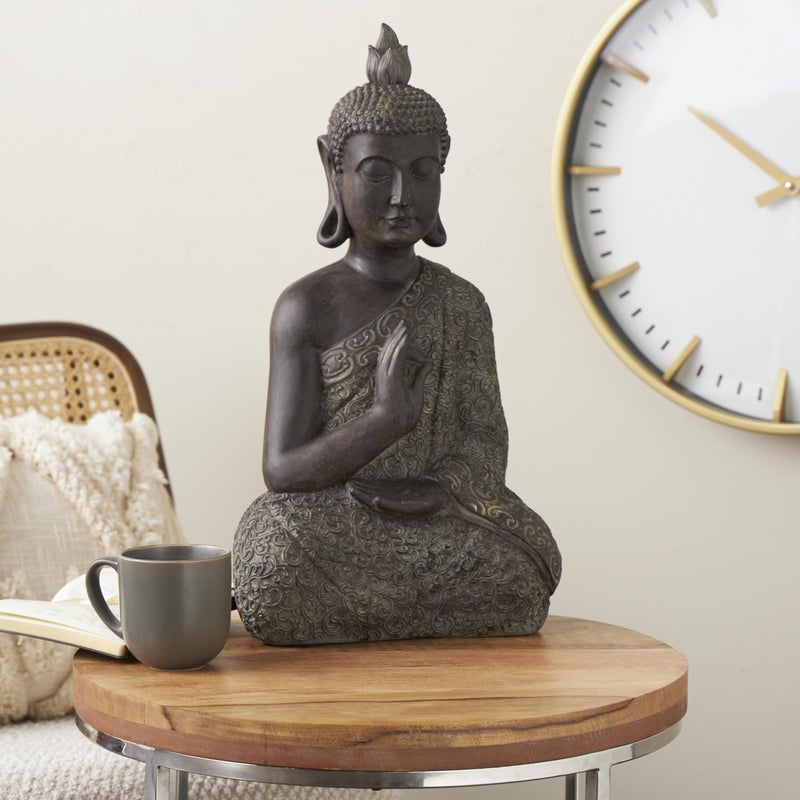 Deco 79 Polystone Buddha Decorative Sculpture Meditating Home Decor Statue with Engraved Carvings and Relief Detailing, Accent Figurine 11" x 7" x 21", Brown - Image 3
